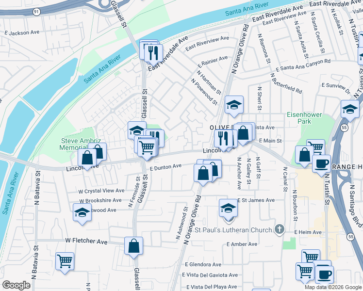 map of restaurants, bars, coffee shops, grocery stores, and more near 2870 North Cottonwood Street in Orange