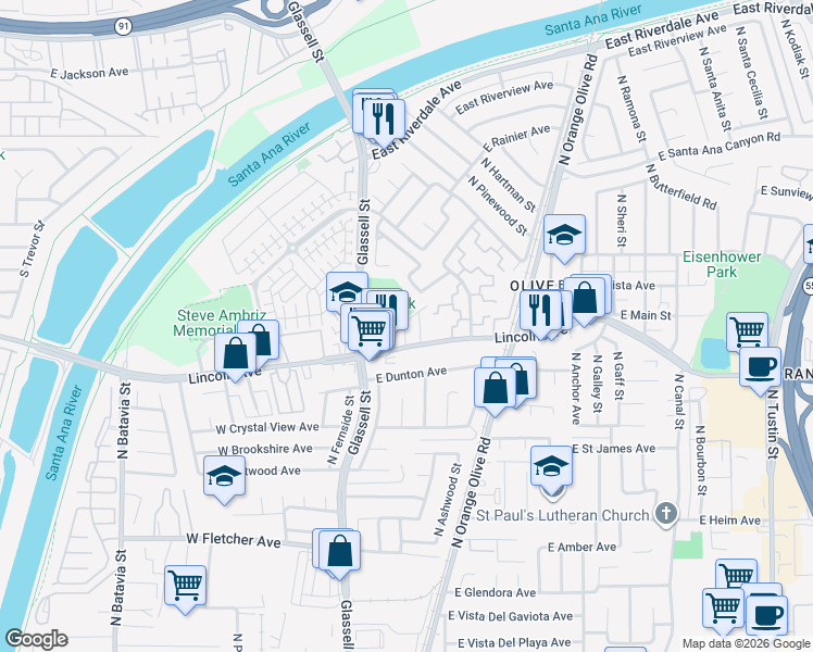 map of restaurants, bars, coffee shops, grocery stores, and more near 245 East Lincoln Avenue in Orange
