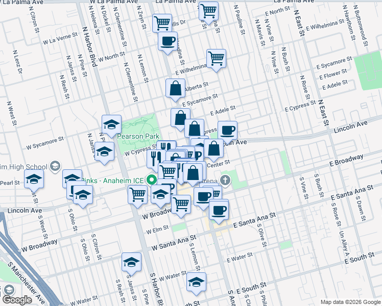 map of restaurants, bars, coffee shops, grocery stores, and more near 128 West Lincoln Avenue in Anaheim
