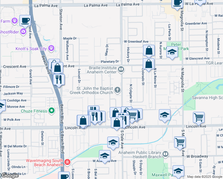 map of restaurants, bars, coffee shops, grocery stores, and more near 8674 Chestnut Circle in Buena Park