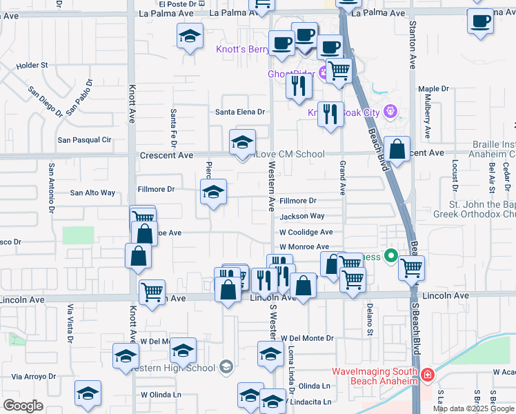map of restaurants, bars, coffee shops, grocery stores, and more near 7436 Fillmore Drive in Buena Park