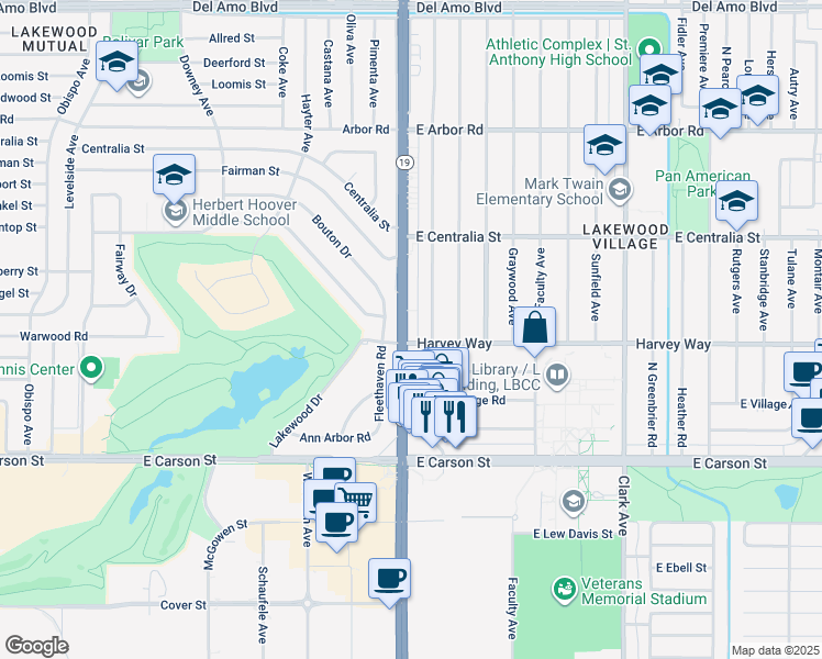 map of restaurants, bars, coffee shops, grocery stores, and more near 4325 Pepperwood Avenue in Long Beach