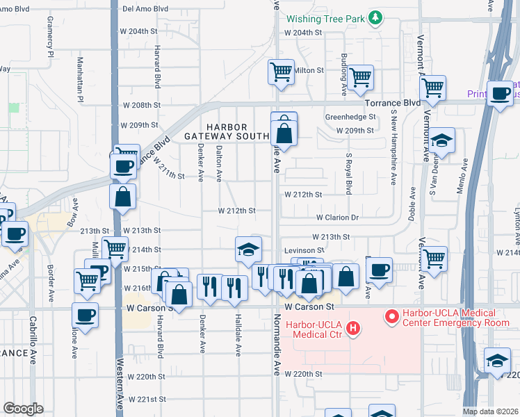 map of restaurants, bars, coffee shops, grocery stores, and more near 21130 Brighton Avenue in Torrance