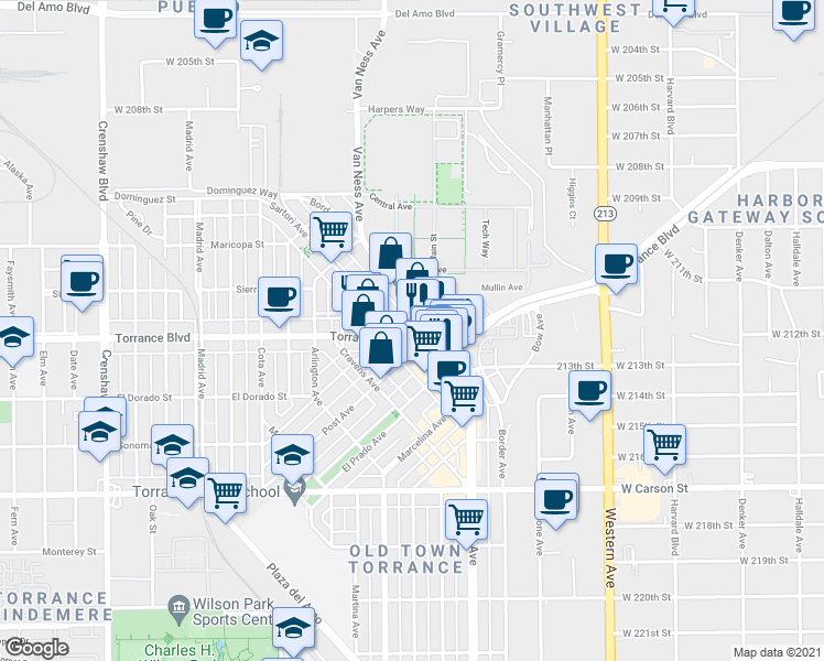 map of restaurants, bars, coffee shops, grocery stores, and more near 1016 Sartori Avenue in Torrance