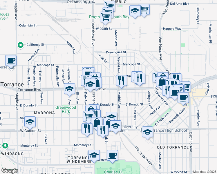 map of restaurants, bars, coffee shops, grocery stores, and more near 1104 Acacia Avenue in Torrance