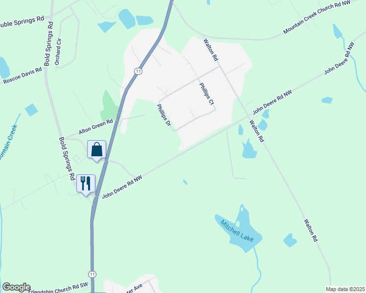 map of restaurants, bars, coffee shops, grocery stores, and more near 520 John Deere Road Northwest in Monroe