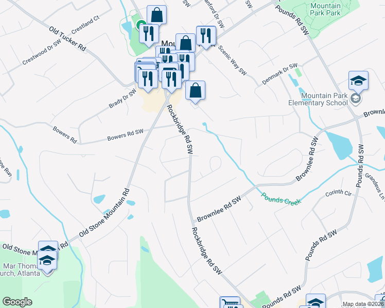 map of restaurants, bars, coffee shops, grocery stores, and more near 1394 Rockbridge Road Southwest in Stone Mountain