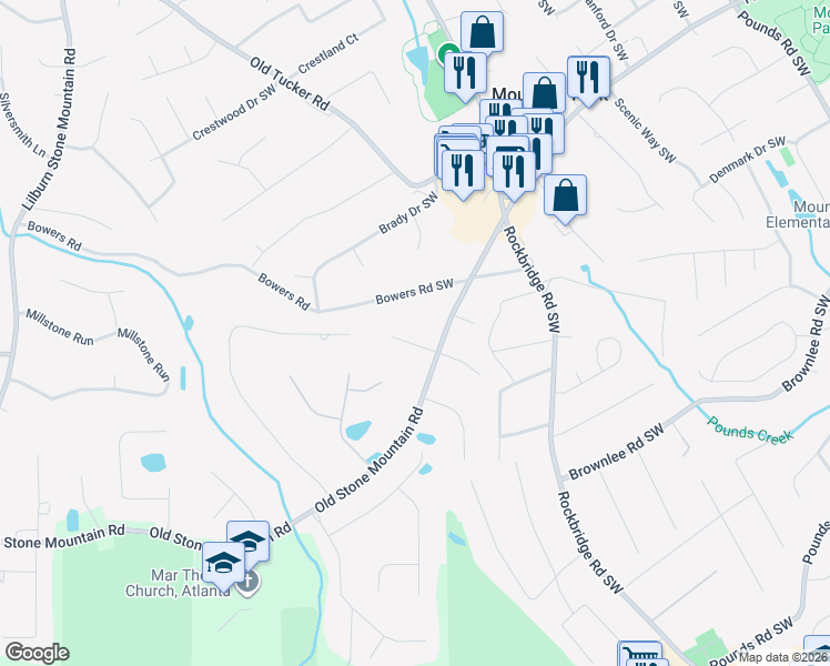 map of restaurants, bars, coffee shops, grocery stores, and more near 5591 Rebecca Court in Stone Mountain