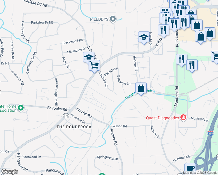 map of restaurants, bars, coffee shops, grocery stores, and more near 1825 Briarlake Circle in Decatur