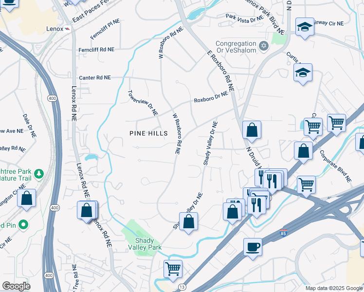 map of restaurants, bars, coffee shops, grocery stores, and more near 3003 West Roxboro Road Northeast in Atlanta