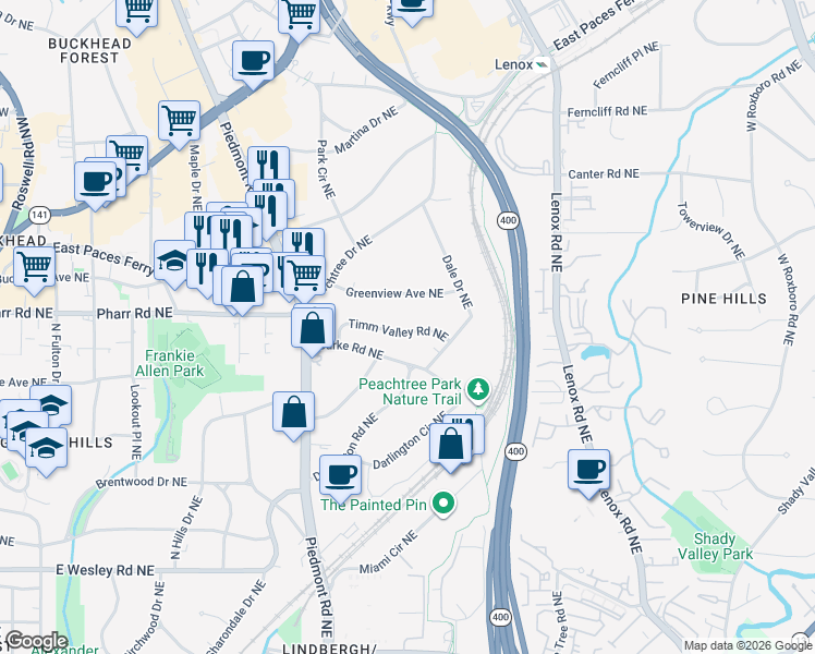 map of restaurants, bars, coffee shops, grocery stores, and more near 654 Timm Valley Road Northeast in Atlanta