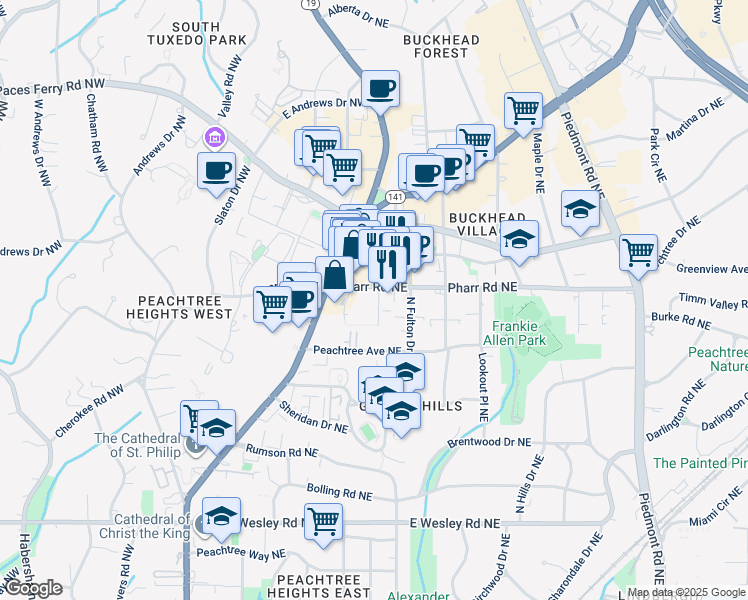 map of restaurants, bars, coffee shops, grocery stores, and more near 236 Pharr Road Northeast in Atlanta