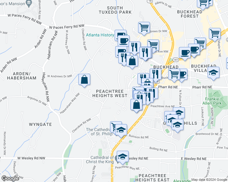map of restaurants, bars, coffee shops, grocery stores, and more near 3000 Slaton Drive Northwest in Atlanta