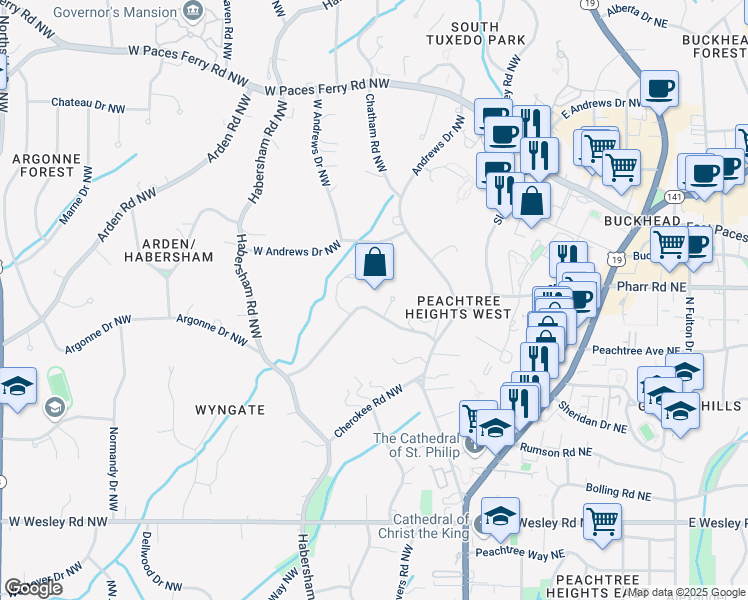 map of restaurants, bars, coffee shops, grocery stores, and more near 1 Habersham Way Northwest in Atlanta
