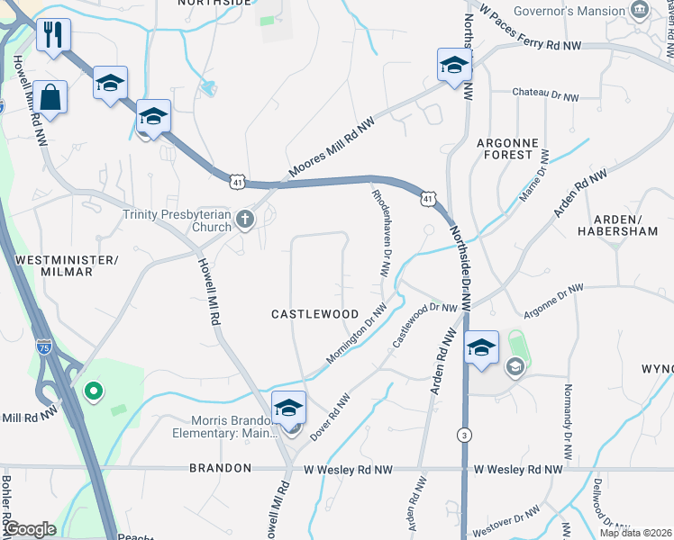 map of restaurants, bars, coffee shops, grocery stores, and more near 2996 Rockingham Drive Northwest in Atlanta