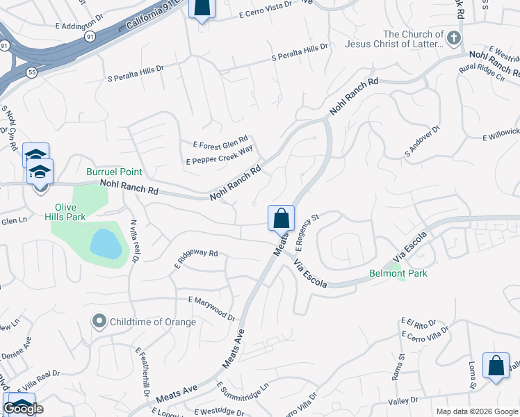 map of restaurants, bars, coffee shops, grocery stores, and more near 4410 East Ardmore Street in Anaheim