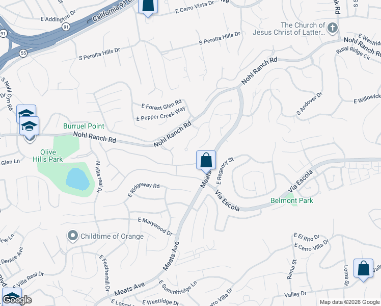 map of restaurants, bars, coffee shops, grocery stores, and more near 4410 East Ardmore Street in Anaheim