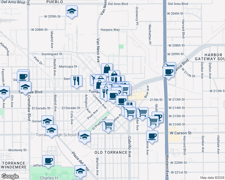 map of restaurants, bars, coffee shops, grocery stores, and more near 1116 Sartori Avenue in Torrance
