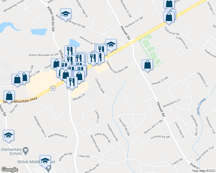 map of restaurants, bars, coffee shops, grocery stores, and more near 3717 Oakland Spring Court in Snellville