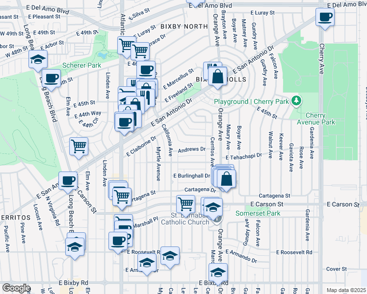 map of restaurants, bars, coffee shops, grocery stores, and more near 1031 Andrews Drive in Long Beach