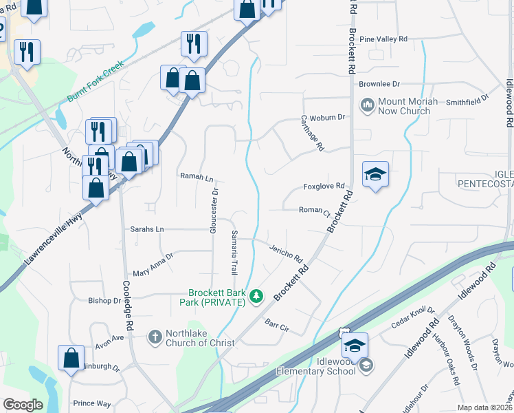map of restaurants, bars, coffee shops, grocery stores, and more near 3894 Samaria Ct in Tucker