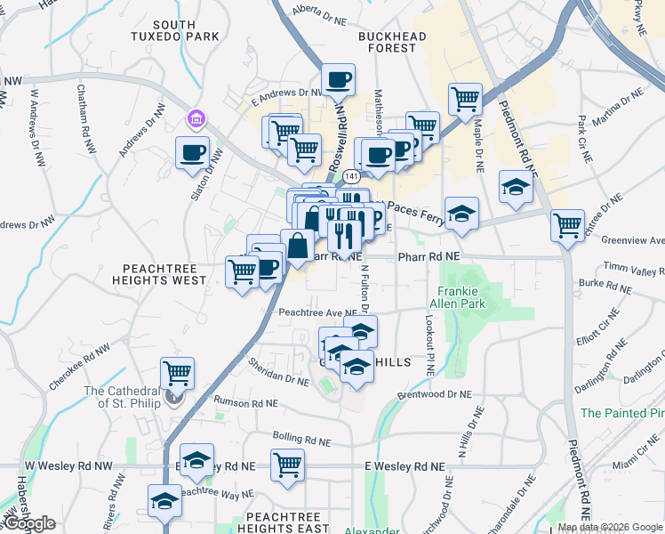 map of restaurants, bars, coffee shops, grocery stores, and more near 236 Pharr Road Northeast in Atlanta