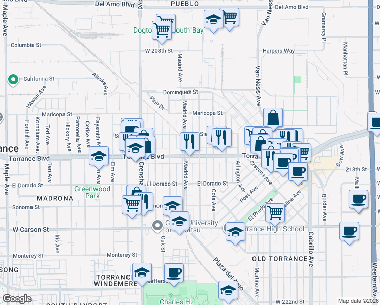 map of restaurants, bars, coffee shops, grocery stores, and more near 2321 Torrance Boulevard in Torrance