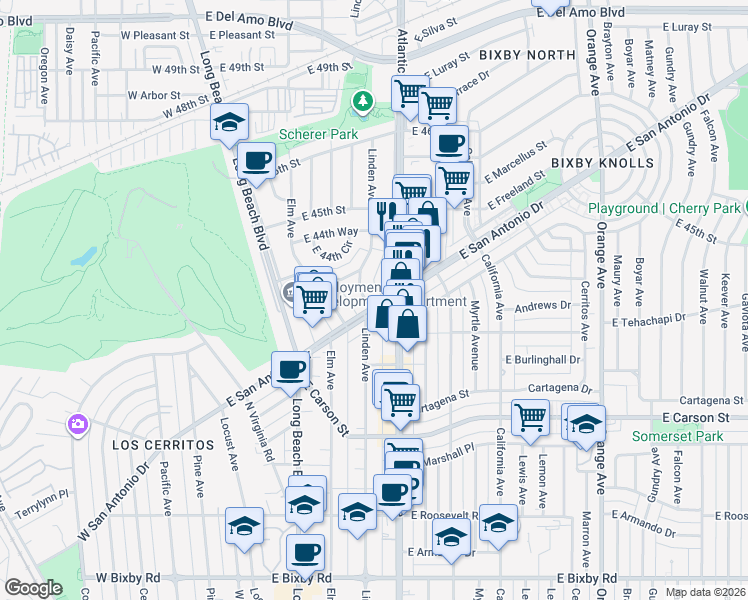 map of restaurants, bars, coffee shops, grocery stores, and more near 555 East San Antonio Drive in Long Beach