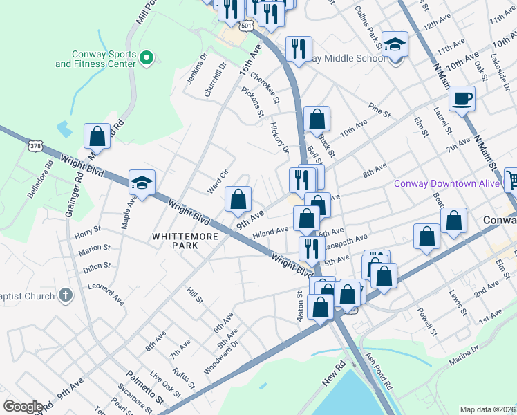 map of restaurants, bars, coffee shops, grocery stores, and more near 915 Tin Top Alley in Conway