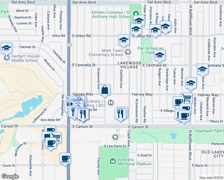 map of restaurants, bars, coffee shops, grocery stores, and more near 4315 Whitewood Avenue in Long Beach