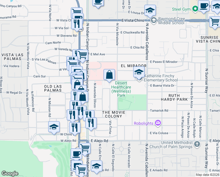 map of restaurants, bars, coffee shops, grocery stores, and more near 1275 North Avenida Palmas in Palm Springs
