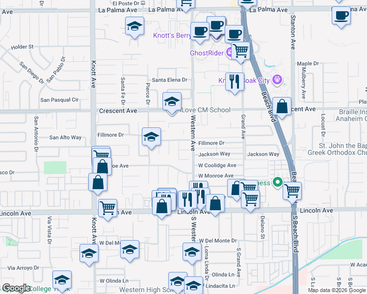 map of restaurants, bars, coffee shops, grocery stores, and more near 7436 Fillmore Drive in Buena Park