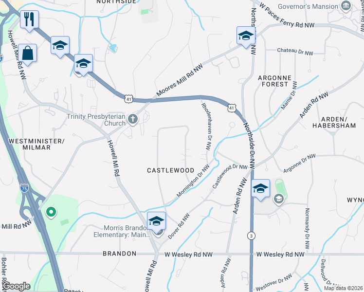 map of restaurants, bars, coffee shops, grocery stores, and more near 2996 Rockingham Drive Northwest in Atlanta