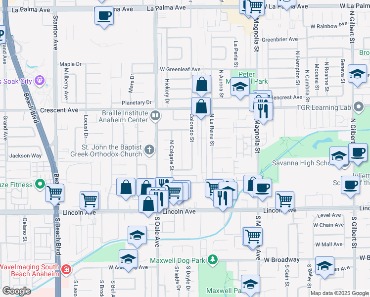map of restaurants, bars, coffee shops, grocery stores, and more near 418 North Syracuse Street in Anaheim