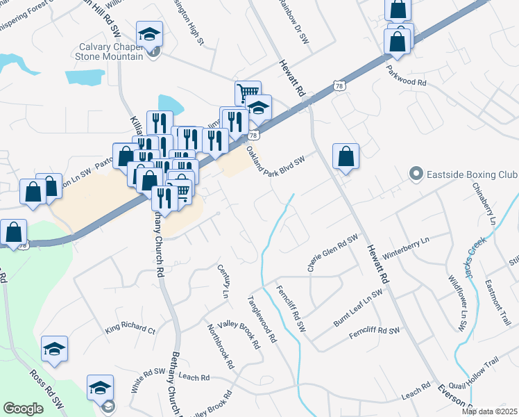 map of restaurants, bars, coffee shops, grocery stores, and more near 3728 Oakland Spring Court in Snellville