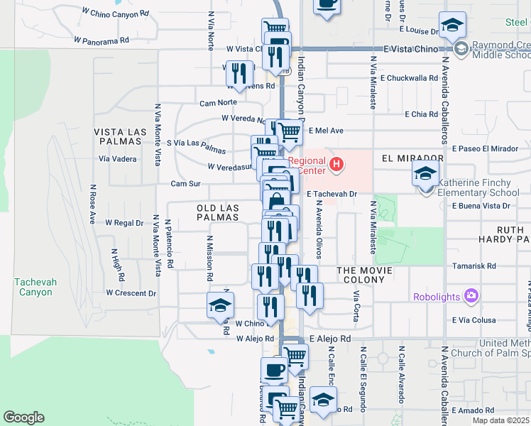 map of restaurants, bars, coffee shops, grocery stores, and more near 197 West Vía Lola in Palm Springs
