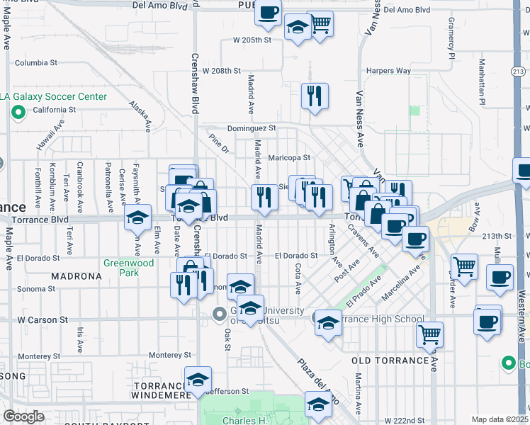 map of restaurants, bars, coffee shops, grocery stores, and more near 1104 Sierra Place in Torrance