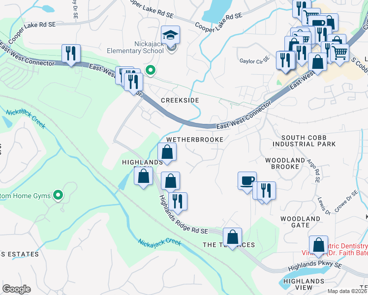 map of restaurants, bars, coffee shops, grocery stores, and more near 1425 Hornell Lane in Smyrna