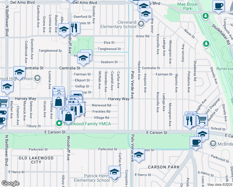 map of restaurants, bars, coffee shops, grocery stores, and more near 4319 Carfax Avenue in Lakewood