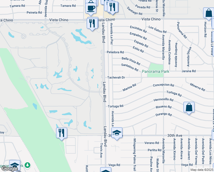map of restaurants, bars, coffee shops, grocery stores, and more near 29115 Avenida La Paz in Cathedral City