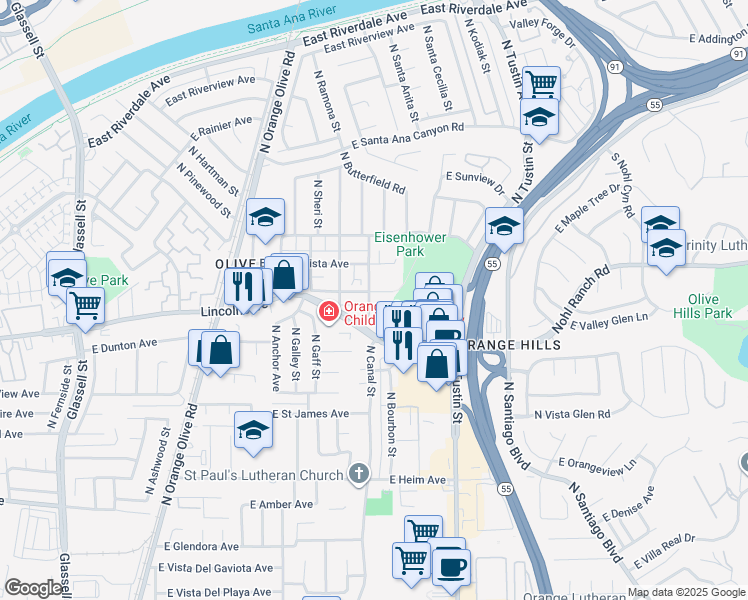 map of restaurants, bars, coffee shops, grocery stores, and more near 8712 Oceanview Avenue in Orange