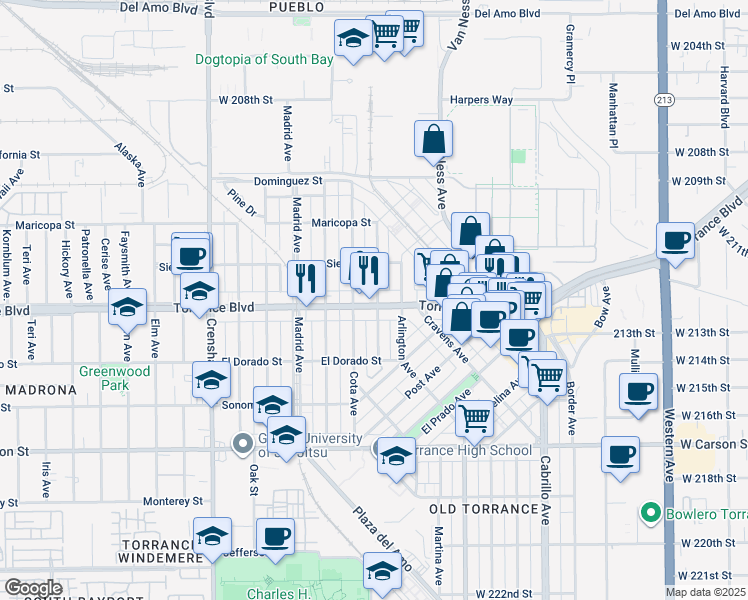 map of restaurants, bars, coffee shops, grocery stores, and more near 2205 Torrance Boulevard in Torrance