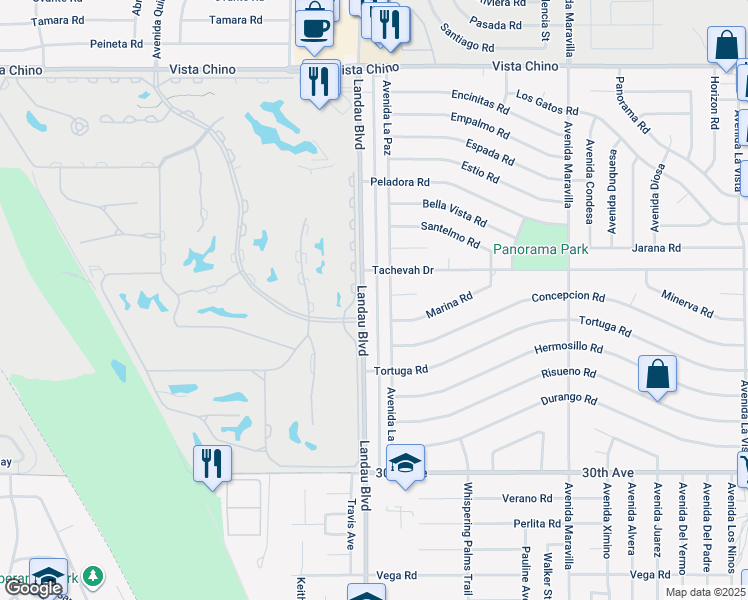map of restaurants, bars, coffee shops, grocery stores, and more near 29115 Avenida La Paz in Cathedral City