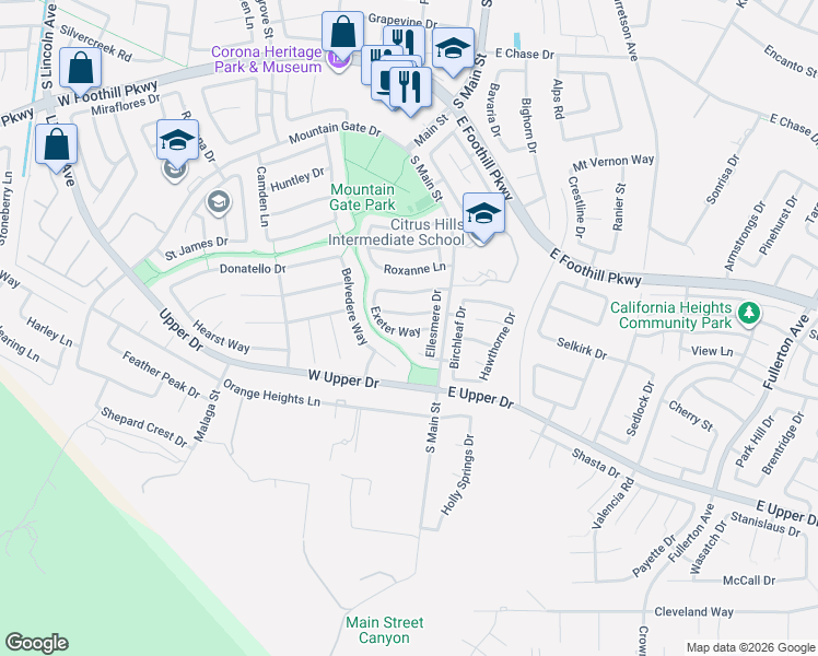 map of restaurants, bars, coffee shops, grocery stores, and more near 241 Exeter Way in Corona