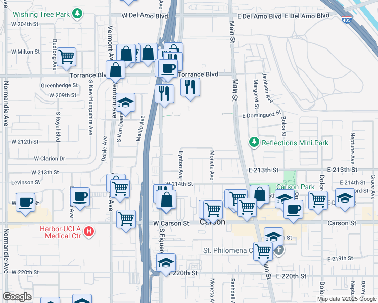 map of restaurants, bars, coffee shops, grocery stores, and more near 418 West 212th Street in Carson