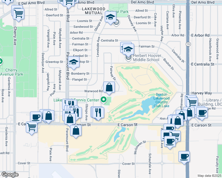 map of restaurants, bars, coffee shops, grocery stores, and more near 3332 Harvey Way in Lakewood