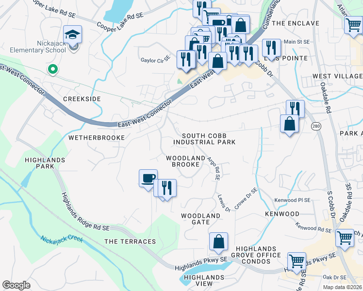 map of restaurants, bars, coffee shops, grocery stores, and more near 1641 Omara Lane Southeast in Smyrna
