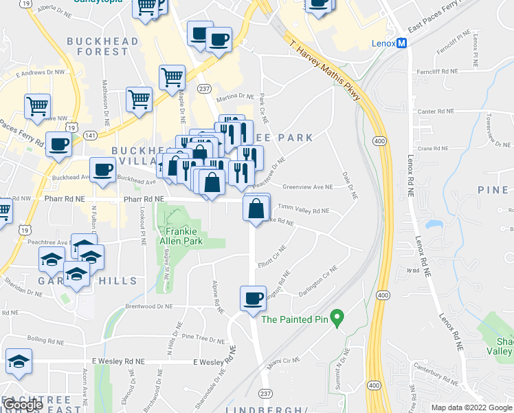 map of restaurants, bars, coffee shops, grocery stores, and more near 3017 Piedmont Road Northeast in Atlanta