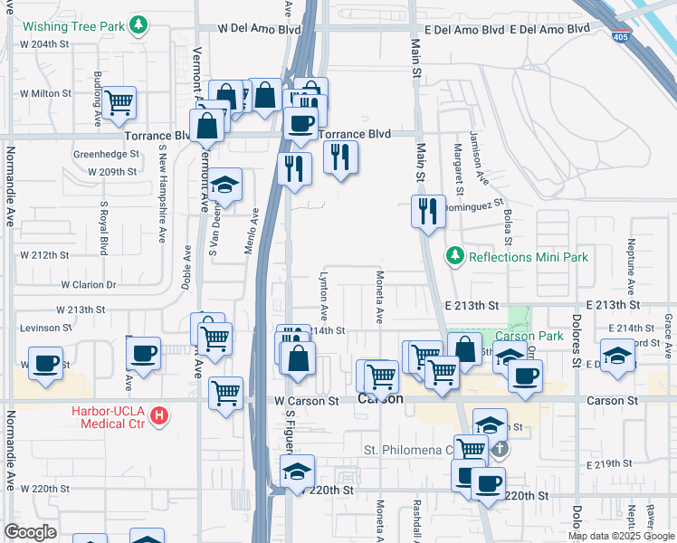 map of restaurants, bars, coffee shops, grocery stores, and more near 418 West 212th Street in Carson