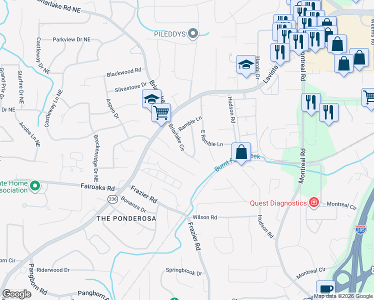 map of restaurants, bars, coffee shops, grocery stores, and more near 1825 Briarlake Circle in Decatur